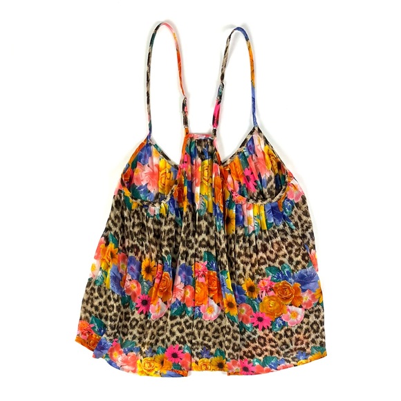 Bebe 2B Floral Animal Print Button-Up Pleated Tank Top - Picture 3 of 7